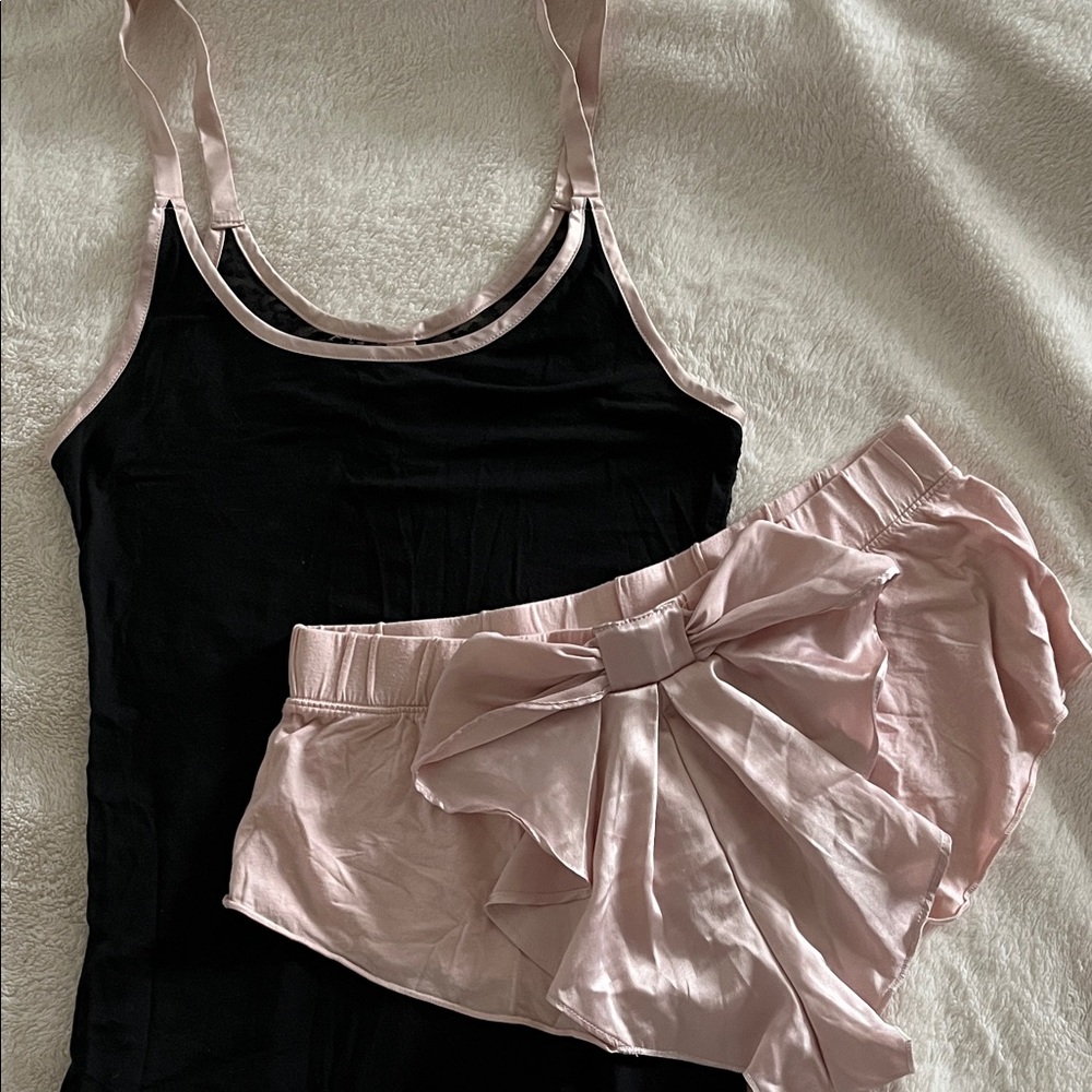 Victoria's Secret Black Lace Top Pink Satin Trim and Matching Shorts Satin Bow